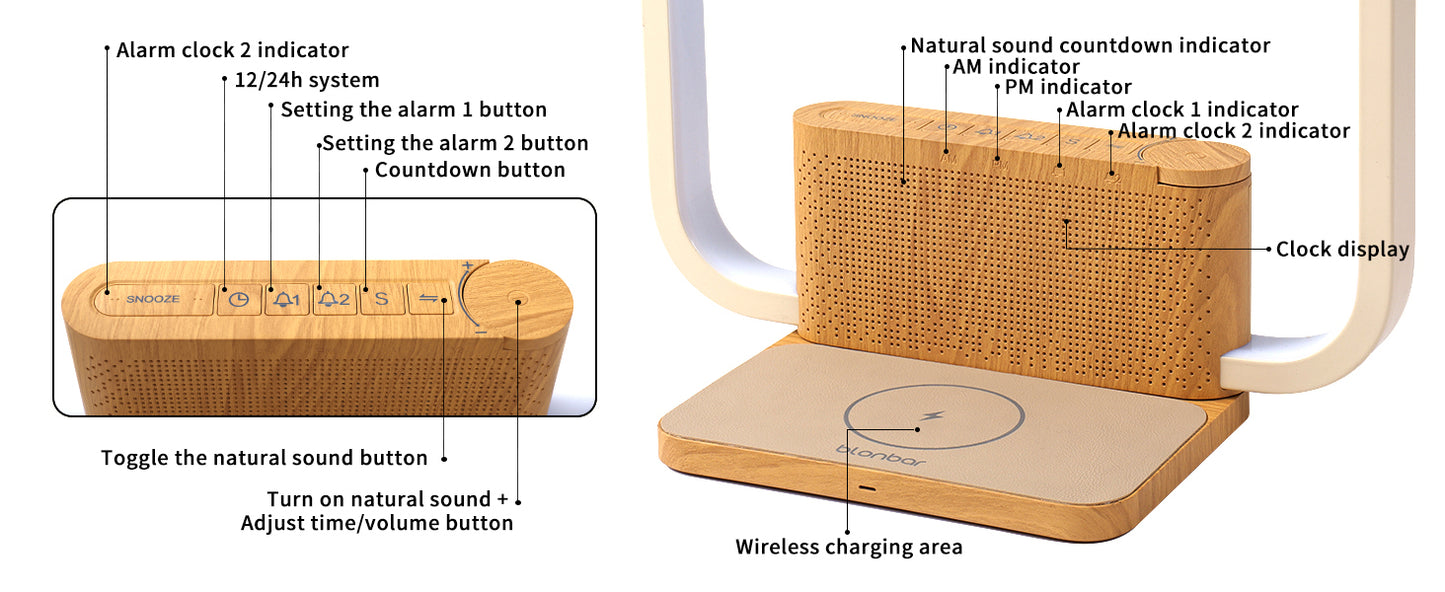 Bedside Lamp Double Alarm Clock 10W Wireless Charging Natural Sound Wake-Up Light