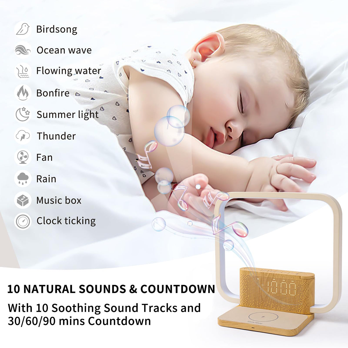Bedside Lamp Double Alarm Clock 10W Wireless Charging Natural Sound Wake-Up Light
