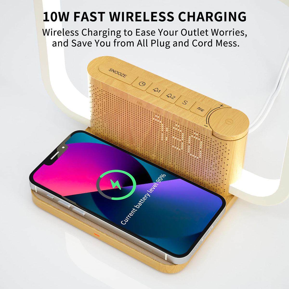 Bedside Lamp Double Alarm Clock 10W Wireless Charging Natural Sound Wake-Up Light