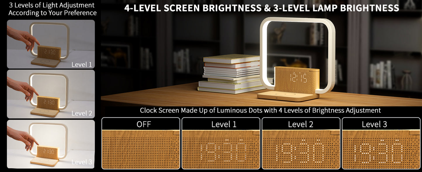 Bedside Lamp Double Alarm Clock 10W Wireless Charging Natural Sound Wake-Up Light