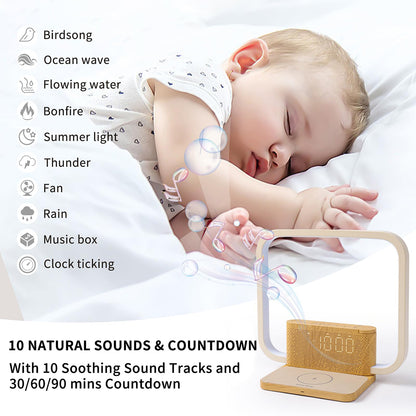 Bedside Lamp Double Alarm Clock 10W Wireless Charging Natural Sound Wake-Up Light